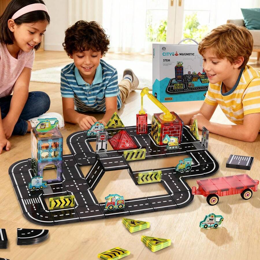 58 piezas/80 piezas Juego de bloques de construcción magnéticos, baldosas magnéticas grandes de 7,5 cm con coches magnéticos, juguetes de construcción STEM, regalo educativo para niños de 3 a 12 años - Multicolor - Ver 1