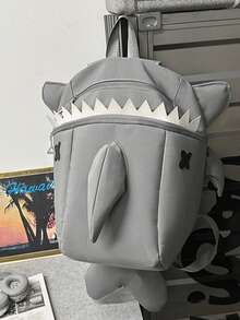 1pc Nylon Cartoon Shark Shaped Backpack, Black/Grey/White, Cute & Fashionable Casual Backpack For Men & Women, University Students School Bag, Streetwear Large Capacity Zipper Closure Backpack, Suitable For Work Commute, Campus Use, Christmas Gift, Valentine's Day Gift, Gift For Boyfriend, Husband, Men - Multicolor - View 7