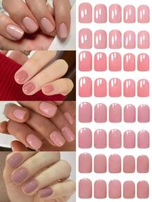 96pcs Short Square Press-On Nails To Elevate Your Style! Minimalist Elegant Nude Pink Solid Color Artificial Nails Set, Classic Fashionable Daily Powder Brown Solid Color Press-On Nails, Full Coverage Fake Nails Set Suitable For Women And Girls. The Set Includes 4 Adhesive Stickers And 4 Mini Gel Stickers. Random Delivery. Nail Supplies - Pink - View 2
