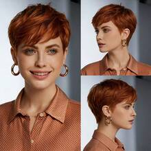 4英寸短款层次感精灵短发假发，真人发丝，带刘海 | 无胶玫瑰网帽，自然直发，#33焦糖棕色，易于打理，浓密，适合女性 - S33 - 查看 6