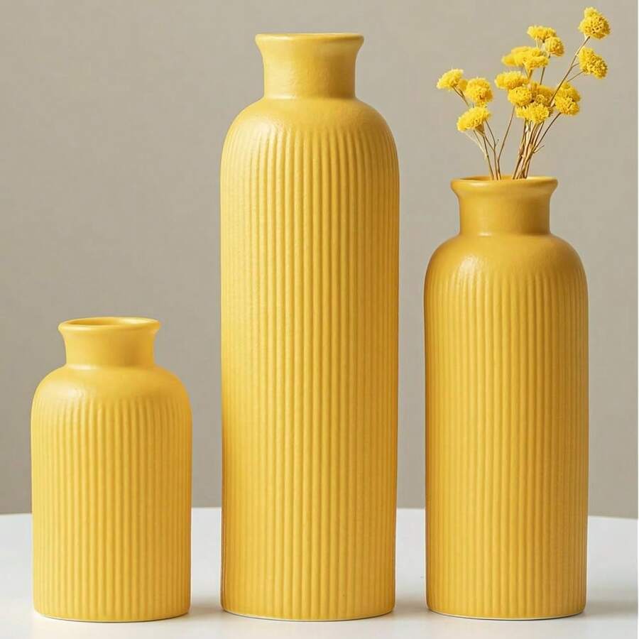 Modern Ceramic Vase Set, Yellow Ribbed Matte Design, 3-Piece Decorative Vases For Home, Living Room, Office (Yellow) - Yellow - View 1