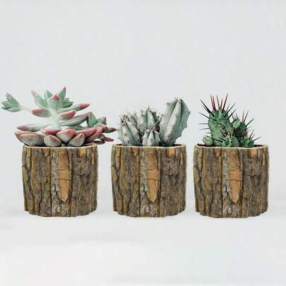 1/2个复古圆形木质花盆，桌面装饰风格，仿树皮纹理，适合多肉植物，创意容器