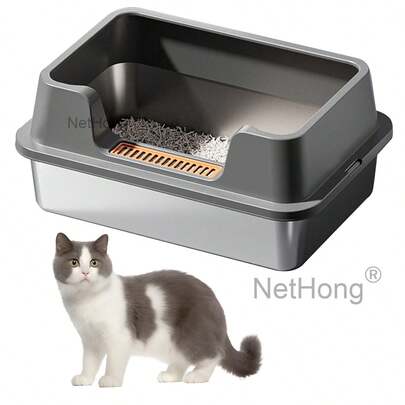 Cat Litter Box Large Metal Litter Tray Household Metal Litter~Stainless Steel - Dark Gray