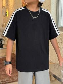 1pc Tween Boys' Fashionable Casual Striped Decor Round Neck T-Shirt - Black - View 4