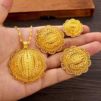 1 Set, Elegante conjunto de joyería con diseño de flor hueca de arco ovalado en color dorado, que incluye aretes, anillo y collar de 3 piezas, para uso diario de mujeres, fiesta de cumpleaños africana/árabe, festival, compromiso, regalo de boda