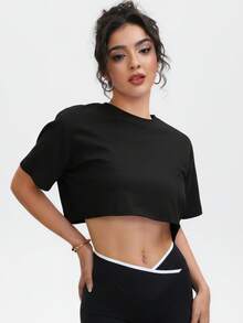 女士柔软短款T恤，针织圆领套头衫，舒适瑜伽健身宽松户外运动上衣，春夏款 - 黑色 - 查看 2