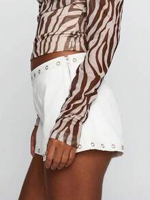 Women Low Waist Studs Fold Over Micro Short Punk Y2K Casual Mini Bottoms Shorts Pj  Skinny Yoga Pajamas - 白色 - 查看 6