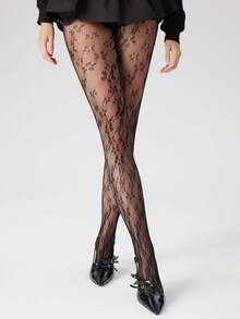 1双女士花卉蕾丝连裤袜/长筒袜，渔网袜，高腰显瘦紧身大码渔网提花打底裤，适合各种场合 - 黑色小花朵 - 查看 7