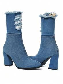 Women's Blue Denim Ankle Boots Pointed Toe Chunky High Heel Jeans Short Booties With Side Zipper Dress Shoes - 深藍 - 查看 7