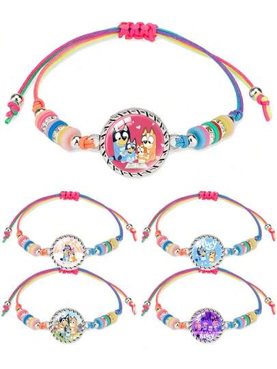 5pcs Cartoon Character Bracelets, Blue Puppy Design, Colorful Original Pattern, Adjustable, Decorative Reward Small Gift