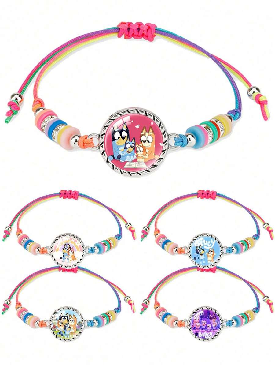 5pcs Cartoon Character Bracelets, Blue Puppy Design, Colorful Original Pattern, Adjustable, Decorative Reward Small Gift