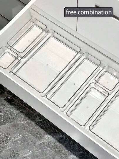 7pcs/6pcs/5pcs/1pc Drawer Divider Storage Box, Hair Accessory Organizer Box With Built-In Grid, Jewelry & Cosmetic Storage Box, Made Of Transparent PET Plastic, Multi-Functional Compartment Box For Storing Combs, Mirrors, Tweezers And Other Tools, Available In Multiple Sizes, Suitable For Home Drawers, Bedroom, Dorm, Bathroom, Desk