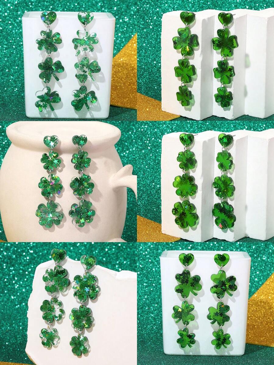 1 par de pendientes de gota de acrílico con brillo con forma de trébol de 4 hojas verde con efecto láser brillante, accesorios de joyería para el Día de San Patricio, fiesta irlandesa para mujeres y niñas - Multicolor - Ver 1