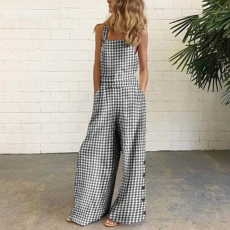 European And American New Style Cotton And Linen Printed Button Decorated Sleeveless Loose Strap Jumpsuit For Women - 白色格子 - 查看 1