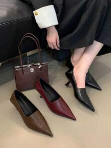 Giày cao gót mũi nhọn bằng da lộn khóa kim loại kiểu cổ điển thu đông 2025, giày bít mũi mỏng gót nhọn cho nữ, thích hợp đi làm, gót nhọn kiểu "mèo con". - màu nâu - Xem 5