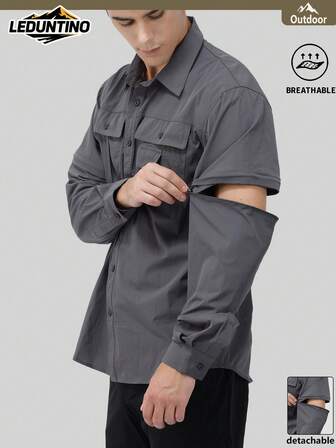 LEDUNTINO [Spring/Summer] Men's Fashion Cargo Button-Down Shirt, Solid Color, Multi-Pocket Design, Detachable Sleeves, Utility Style, Fashionable And Versatile, Perfect For Outdoor And Commuting, Great Gift For Boyfriend Or Husband