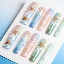 10Pcs Mermaid Dream Long Square Aquarium Press-On Nails - Pure Handmade Wearable Nails With Starfish Charms, Shell Accents, Net Details & Rainbow Pastel Tones, Perfect For Summer Dates, Beach Parties & Afternoon Tea - 彩色 - 查看 9
