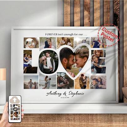 1pc Valentines Day LOVE Word Photo Collage Frame Editable TEMPLATE Printable Personalized Valentine's Heart Poster,Anniversary Gift Valentines Day Customized Wall Art,Pictures Custom Photo,Customizable Things, Optional Frame.Room Decor