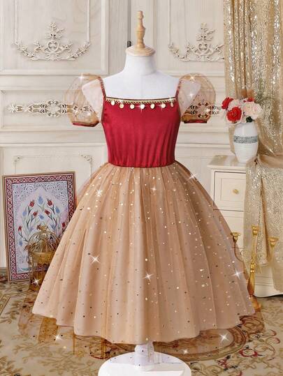 女童优雅缎面亮片网纱公主裙，适合春夏穿着