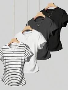 Camiseta de manga corta con pliegues casual para mujer, versátil para el verano - Negro 3 - Ver 1