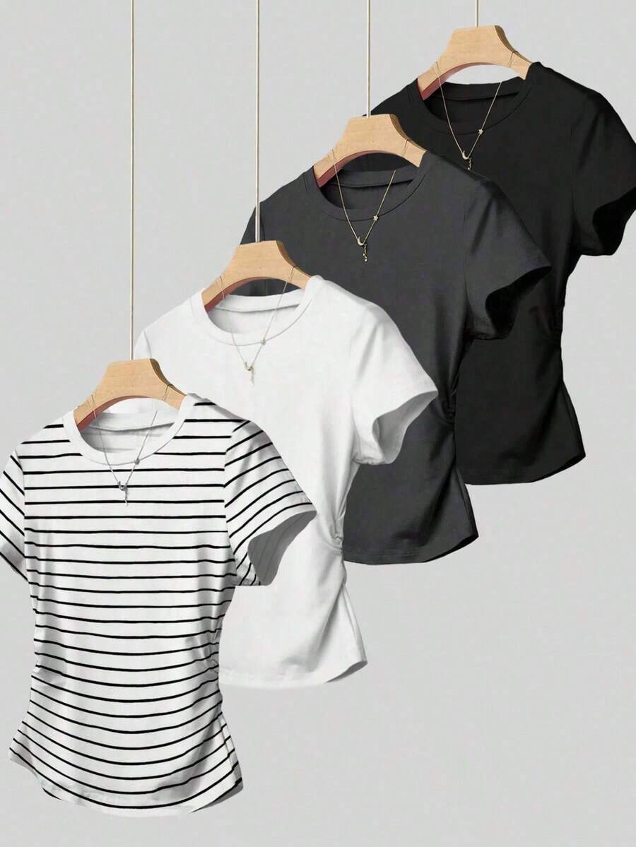 Camiseta de manga corta con pliegues casual para mujer, versátil para el verano - Negro 3 - Ver 1