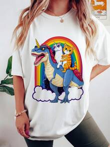 Funny Cat Riding Unicorn Riding T-Rex Rainbow T-Shirt 100% Cotton Crew Neck Short Sleeve Space Galaxy Dinosaur Tee Cute Tabby Kitten Magic Fantasy Graphic Top Novelty Birthday Gi-3 - Trắng 2 - Xem 3