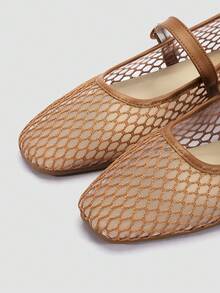 Zapatos planos de moda ADAMUMU para mujer, zapatos de baile de tela de malla bordada con encaje, zapatos planos casuales de unicolor y transpirables, de punta cuadrada y color claro, elegantes y cómodos - Marrón - Ver 7