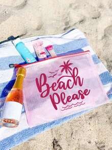 防水時尚沙灘包，印有「Beach Please」文字、棕櫚樹、海鳥和波浪圖案。大容量透明化妝包配尼龍拉鍊，輕便，春/夏收納，適合游泳、沙灘、潛水和夏季度假旅行，學生返校使用。輕便防曬收納包，適合送給朋友、家人、閨蜜、同學的禮物。生日、節日、派對、婚禮（伴娘）的完美禮物和紀念品，郵輪必備，夏季度假禮物 - 彩色 - 查看 6