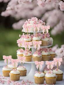 12个粉色蝴蝶结蛋糕装饰，生日派对蛋糕装饰，适用于新娘送礼会、婚礼、生日、粉色主题派对装饰，适用于各种活动和派对，生日派对用品 - 彩色 - 查看 4