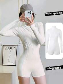 Women's Long Sleeve Modest Quick-Dry Swimsuit, White Sports One-Piece Competitive Swimming Suit, Suitable For Fitness Swimming - White - View 1