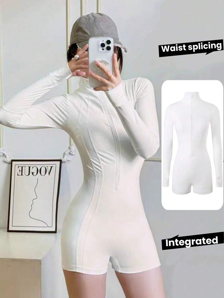 Women's Long Sleeve Modest Quick-Dry Swimsuit, White Sports One-Piece Competitive Swimming Suit, Suitable For Fitness Swimming - White - View 1