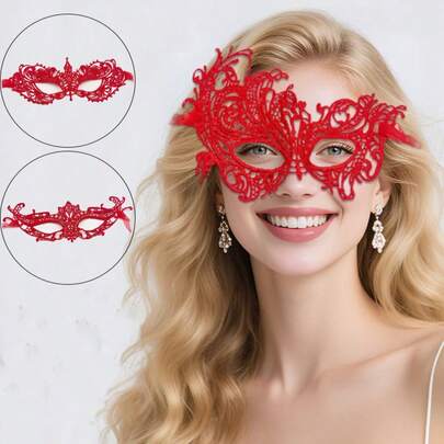 1 pieza Máscara de ojo irregular de encaje rojo simple y creativa, máscara de fiesta de maquillaje de media cara de encaje para accesorios de fiesta
