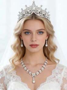 4pcs Elegant Rhinestone Queen Crown Necklace Earrings Set, Bridal Wedding Crown Hair Accessories, Women Party Occasion Jewelry Decoration Valentine's Day Accessories - HG057-TL150 - 查看 3