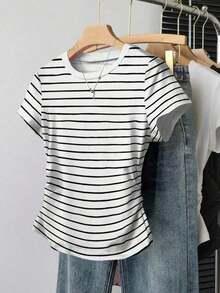 Camiseta de manga corta con pliegues casual para mujer, versátil para el verano - Negro 4 - Ver 5