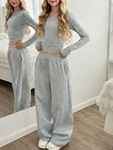 Tween Girl Casual Pleated Round Neck Solid Color Cropped Top And Wide Leg Pants Elegant Set, Size Runs Small - Grey - View 6