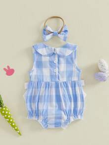 Baby Girls Easter Romper Letter Embroidered Plaid Decorative Bows Smocked Doll Collar Sleeveless Newborn Jumpsuit - Màu xanh lam - Xem 7