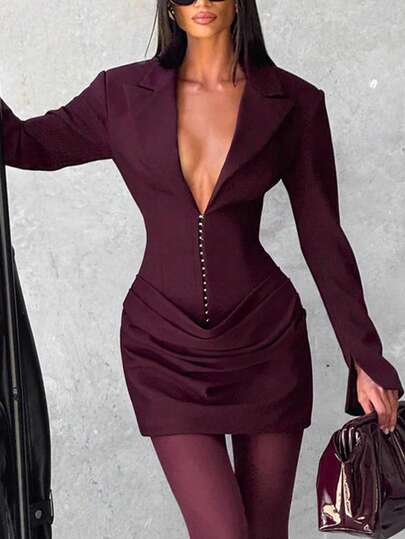1pc Women's Solid Color Elegant Tailored Deep V-Neck Long Sleeve Peplum Waist Dress