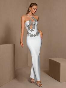 Elegant Sleeveless Strapless Long Rhinestone Embellished Formal Gown For Prom, Party - White - View 6