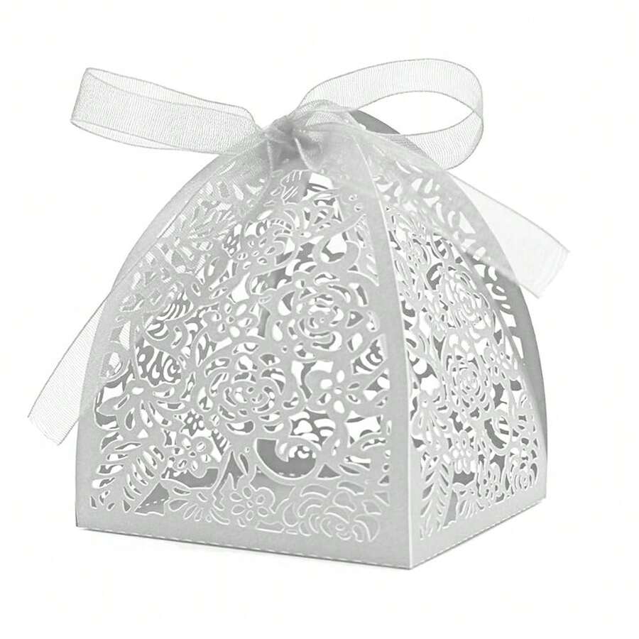 50 Pieces Beauty Laser Cut Favor Boxes DIY Wedding Birthday Gift Candy Boxes With Ribbons (White),White - 白色 - 查看 1