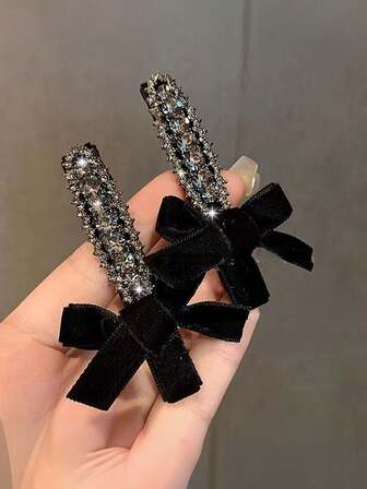 2pcs Velvet Rhinestone Bowknot Hair Clips, Perfect Gift Choice