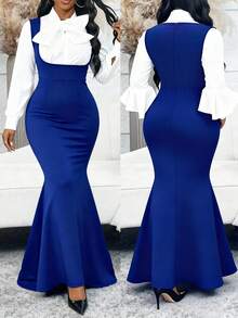 1件加大码女士紫色针织腰带连衣裙，休闲夏季优雅装扮 - 藍色 - 查看 2