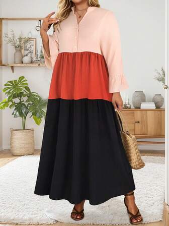 Vestido largo de mujer talla grande de estilo bohemio en colores beige, coral y negro con bloqueo de color para primavera/otoño - Tela ligera, transpirable y resistente a las arrugas, silueta entallada con puños de manga con volantes, talla grande, adecuado para salidas diarias, reuniones casuales y citas festivas.
