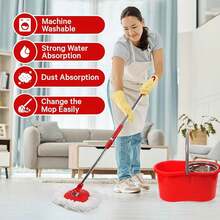Rotating Mop And Bucket System With Integrated Dehydration Function, Featuring An Adjustable Handle And A 6.1-Inch Cleaning Bucket; Includes Three Microfiber Mop Heads And Enables 360° Rotation For Efficient Floor Cleaning - Red - View 9