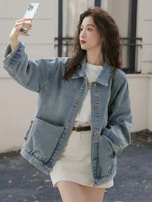 2025新款宽松休闲牛仔外套，女士秋冬款 - 復古藍 - 查看 3