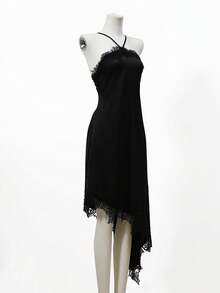 Robe élégante de soirée sexy pour femmes avec empiècement en dentelle, ourlet asymétrique et col montant. Convient pour les sorties, le port quotidien et les tenues d'aéroport - Noir - Voir 9