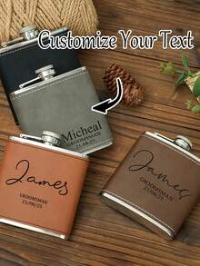 1pc Customized Engraved Leather Wrapped Stainless Steel Flask, Personalized Leather Flask For Men, Customizable With Name, Suitable As Gift, Groomsman Gift, Best Men's Gift, Leather Flask, Engraved Groomsman Flask, Wedding Flask - Multicolor - View 1