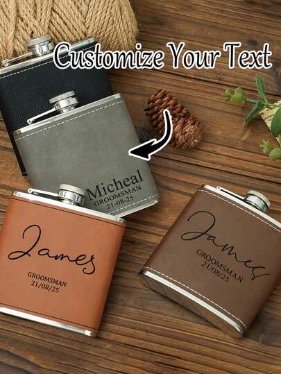 1pc Customized Engraved Leather Wrapped Stainless Steel Flask, Personalized Leather Flask For Men, Customizable With Name, Suitable As Gift, Groomsman Gift, Best Men's Gift, Leather Flask, Engraved Groomsman Flask, Wedding Flask