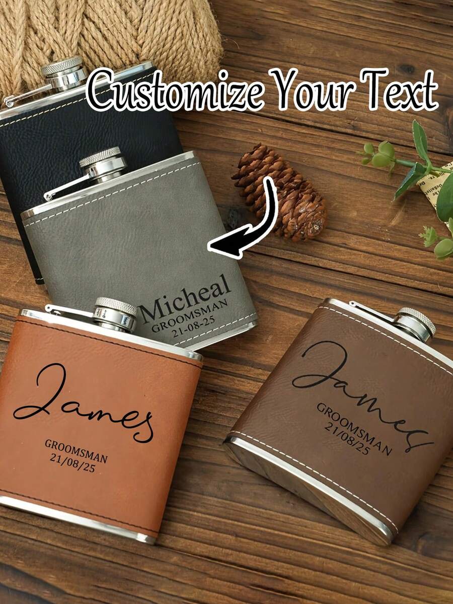 1pc Customized Engraved Leather Wrapped Stainless Steel Flask, Personalized Leather Flask For Men, Customizable With Name, Suitable As Gift, Groomsman Gift, Best Men's Gift, Leather Flask, Engraved Groomsman Flask, Wedding Flask - Multicolor - View 1