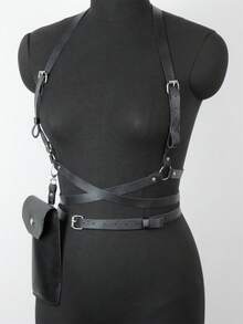 Black PU Leather Punk Body Belt + Leather Bag Fashion Strong And Sturdy Waist Straps Belt Club Adjustable Body Harness - Black - View 5