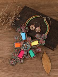 Exaggerated Multi-Layer Handmade Heavy Aluminum Wire Woven Resin Chain Bohemian European And American Middle Eastern European Korean Version Evening Party Holiday Women Resin Artificial Crystal Shape Necklace Earrings